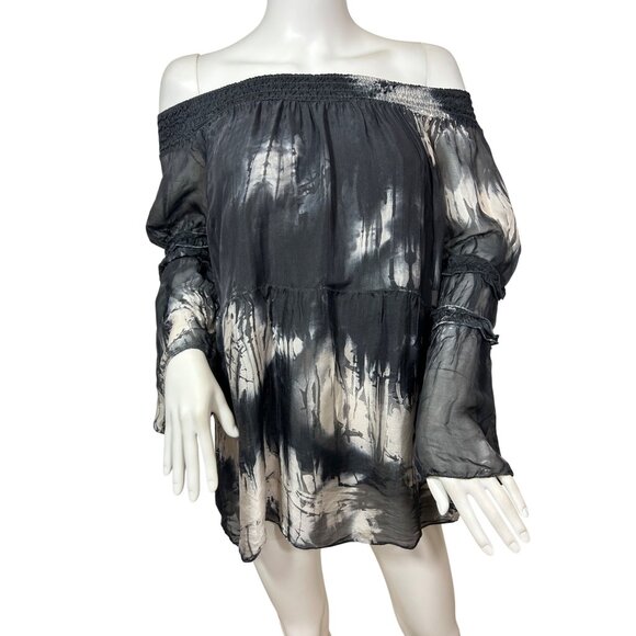 Tempo Paris Top M/L Black White Tie Dyed Long Sleeve Silk Italy Bell Sleeves - Picture 8 of 14